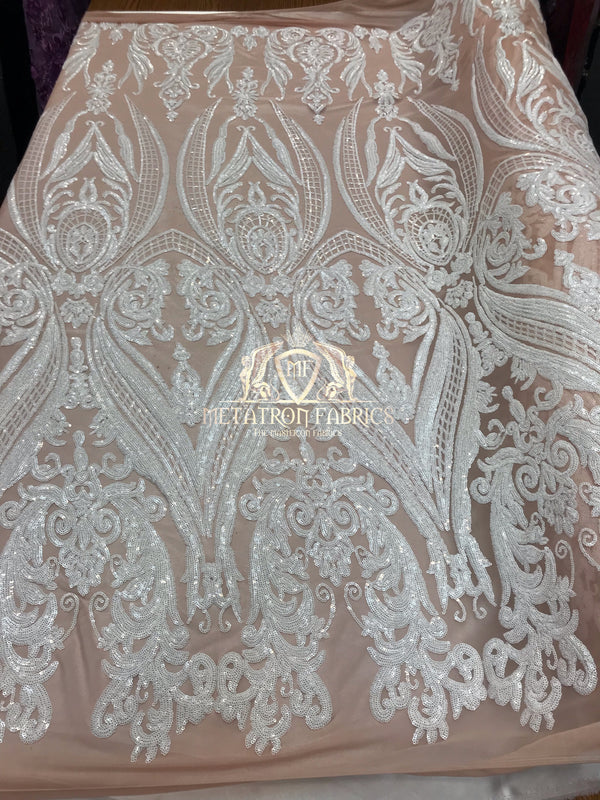 Big Damask Sequins Fabric - White on Nude - 4 Way Stretch Damask Sequins Design Fabric By Yard