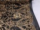 Two Tone Sequins - Black / Gold - 4 Way Stretch Fancy Design Mesh Fabric Sold By The Yard