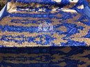 4 Way Stretch - Royal Blue and Gold - Two Tone Flower Design Sequins On Stretch Mesh By The Yard