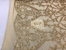 4 Way Stretch - Matte Gold - Sequins Damask Design Fabric Embroidered On Mesh Sold By The Yard