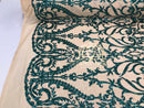 Two Tone Sequins - Teal / Nude - 4 Way Stretch Fancy Design Mesh Fabric Sold By The Yard