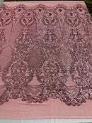 Dusty Rose Sequins Fabric on Mesh, DAMASK Design Embroidered on a 4 way Stretch By The Yard