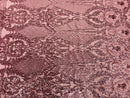 Dusty Rose Sequins Fabric on Mesh, DAMASK Design Embroidered on a 4 way Stretch By The Yard