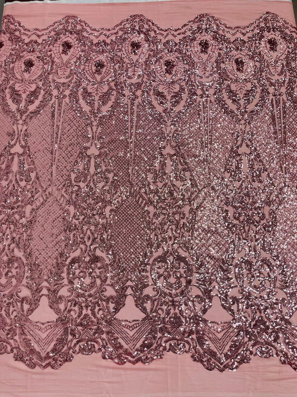 Dusty Rose Sequins Fabric on Mesh, DAMASK Design Embroidered on a 4 way Stretch By The Yard