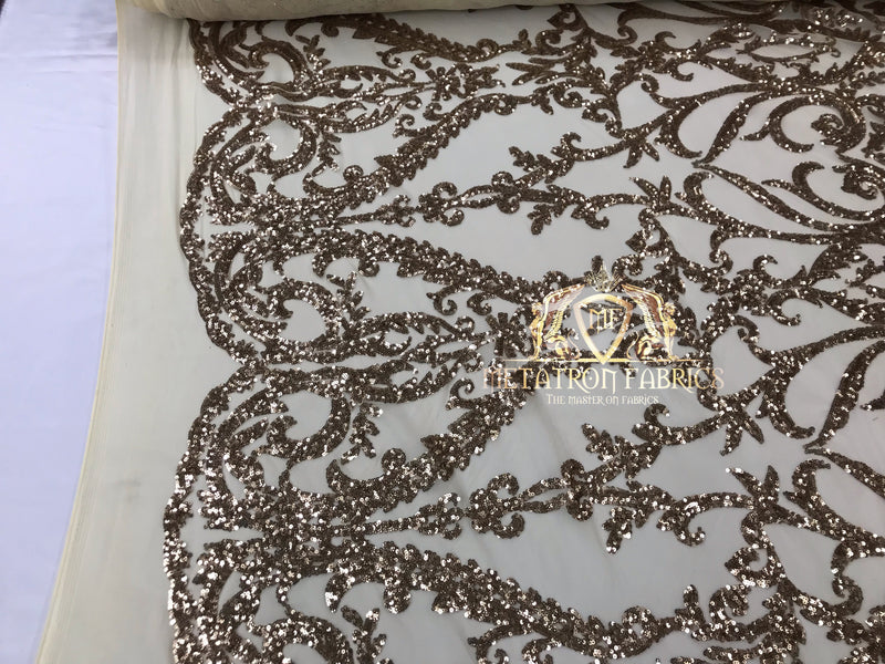 4 Way Stretch - Gold - Sequins Damask Design Fabric Embroidered On Mesh Sold By The Yard