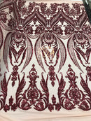 Big Damask Sequins Fabric - Burgundy - 4 Way Stretch Damask Sequins Design Fabric By Yard