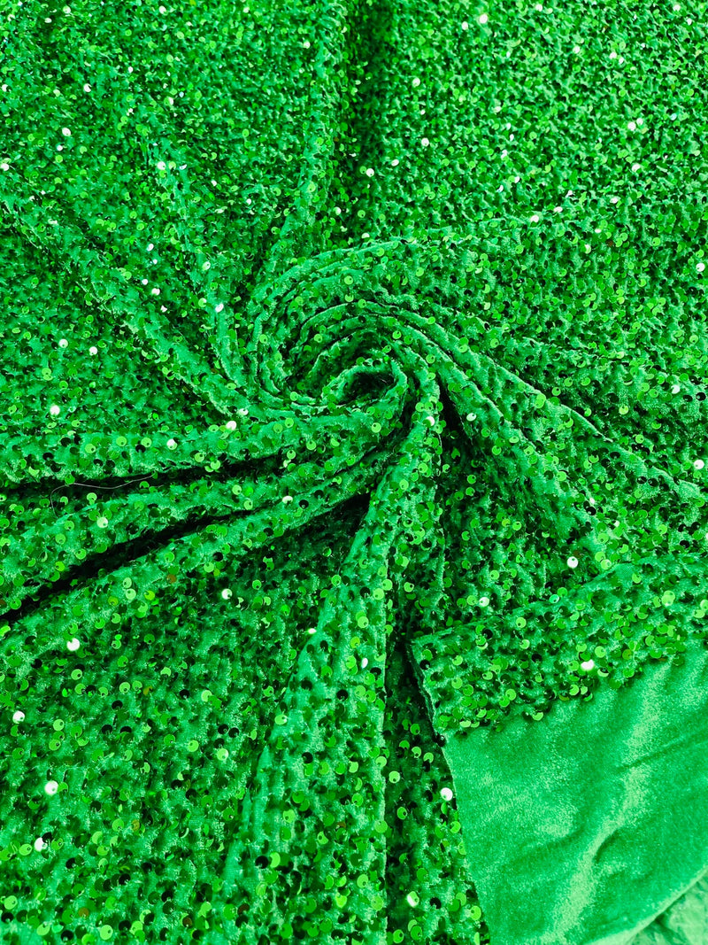 Stretch Velvet Sequins Fabric - Emerald Green - Velvet Sequins 2 Way Stretch 58/60” By Yard