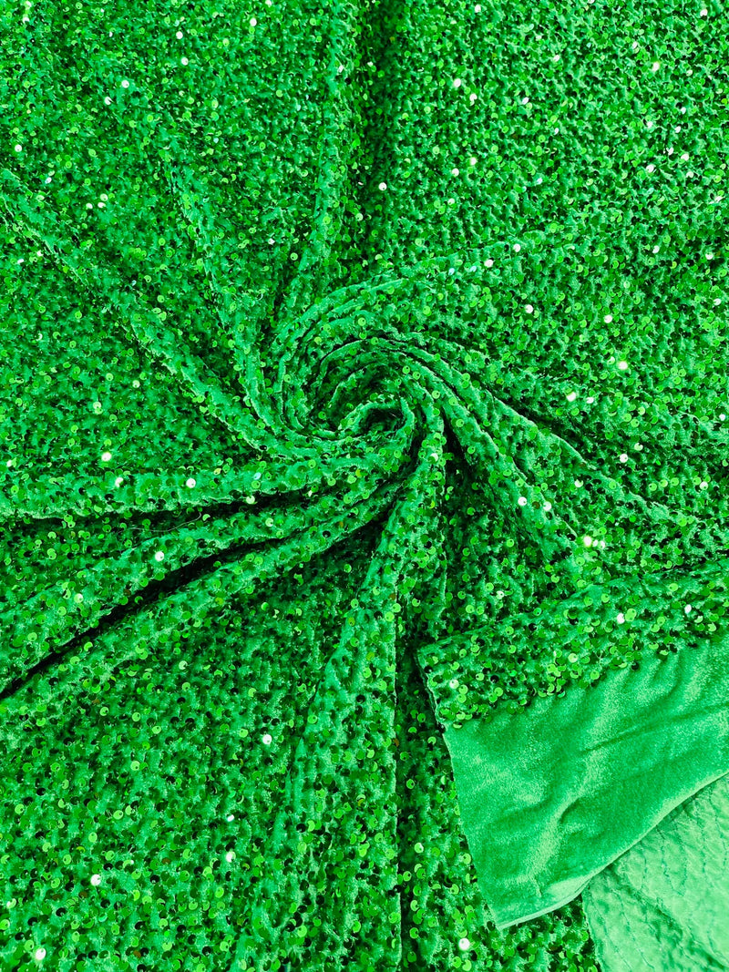 Stretch Velvet Sequins Fabric - Emerald Green - Velvet Sequins 2 Way Stretch 58/60” By Yard