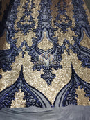 4 Way Stretch - Navy and Gold - Two Tone Flower Design Sequins On Stretch Mesh By The Yard