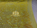 Iridescent Sequins - Yellow - 4 Way Stretch Damask Design Fabric On Stretch Mesh By The Yard