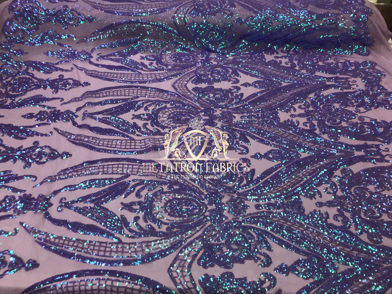 Big Damask Sequins Fabric - Iridescent Lilac - 4 Way Stretch Damask Sequins Design Fabric By Yard