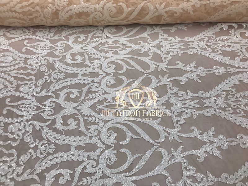 4 Way Stretch - White - Sequins Damask Design Fabric Embroidered On Mesh Sold By The Yard
