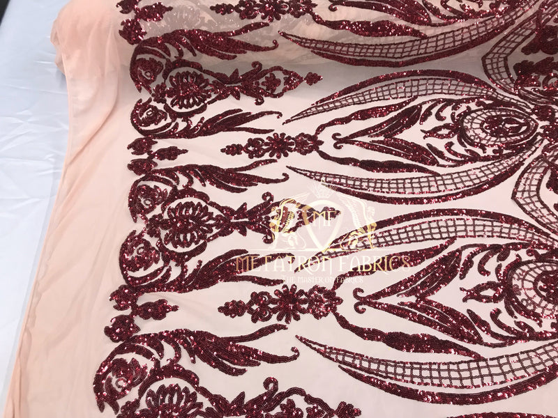 Big Damask Sequins Fabric - Burgundy - 4 Way Stretch Damask Sequins Design Fabric By Yard