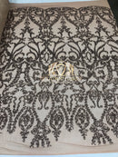 4 Way Stretch - Dusty Rose - Sequins Damask Design Fabric Embroidered On Mesh Sold By The Yard