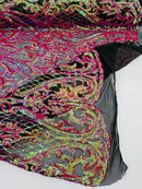 Heart Damask Sequins - Fuchsia/Orange Iridescent - 4 Way Stretch Elegant Shiny Net Sequins Fabric By Yard
