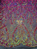 Heart Damask Sequins - Fuchsia/Orange Iridescent - 4 Way Stretch Elegant Shiny Net Sequins Fabric By Yard