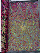 Heart Damask Sequins - Fuchsia/Orange Iridescent - 4 Way Stretch Elegant Shiny Net Sequins Fabric By Yard