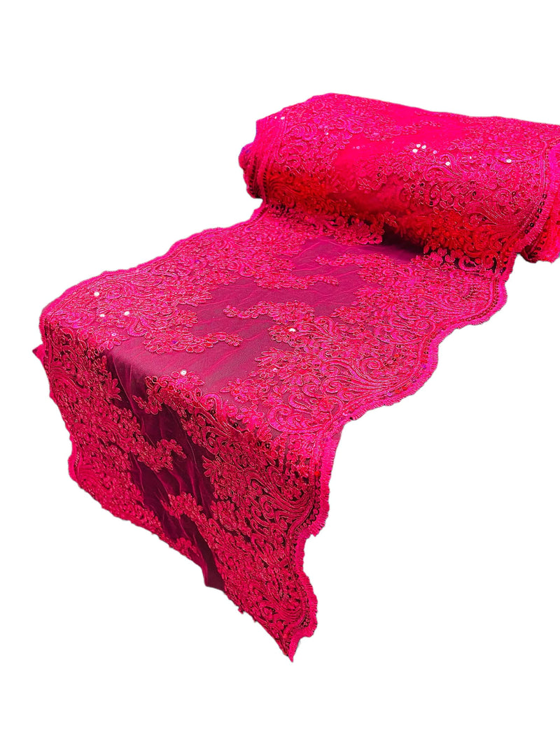 14" Metallic Floral Design Lace Table Runner - Fuchsia - Event Table Decor Runner Sold By Yard