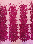 3D Beaded Peacock Feathers - Fuchsia - Vegas Design Embroidered Sequins and Beads On a Mesh Lace Fabric (Choose The Panels)