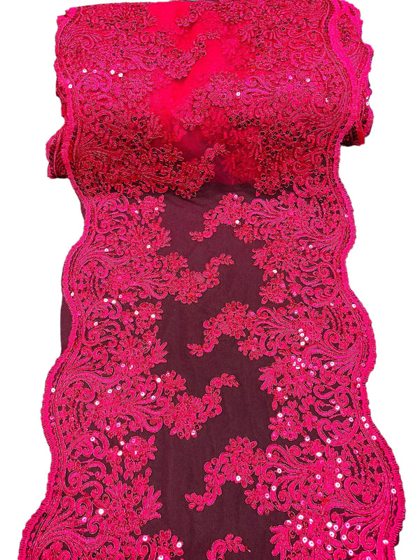 14" Metallic Floral Design Lace Table Runner - Fuchsia - Event Table Decor Runner Sold By Yard