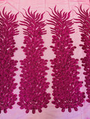 3D Beaded Peacock Feathers - Fuchsia - Vegas Design Embroidered Sequins and Beads On a Mesh Lace Fabric (Choose The Panels)