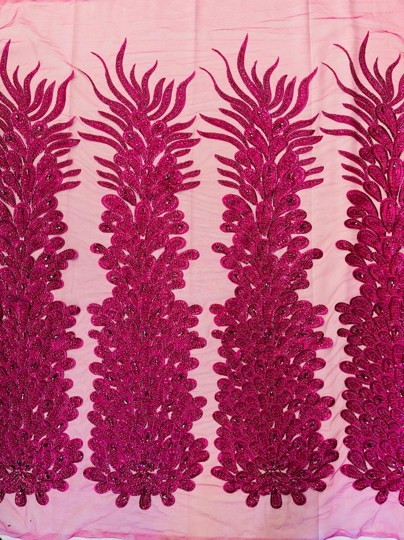 3D Beaded Peacock Feathers - Fuchsia - Vegas Design Embroidered Sequins and Beads On a Mesh Lace Fabric (Choose The Panels)