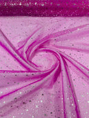 Foil Star Organza - Silver On Fuchsia - 60" Sheer Silver Star Organza Fabric Sold By Yard
