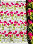 Rose Plant Lace Fabric - Fuchsia on White - Embroidered Full Rose Design on Lace By Yard