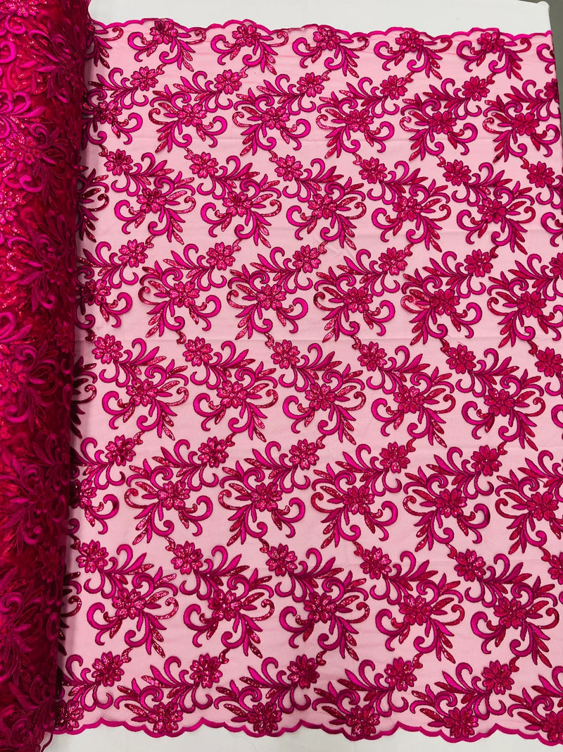Small Flower Fabric - Fuschia - Floral Plant Embroidered Design on Lace Mesh By Yard