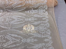 Big Damask Sequins Fabric - White on Nude Mesh - 4 Way Stretch Damask Sequins Design Fabric By Yard