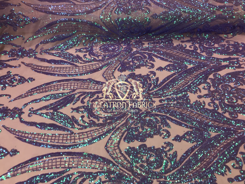 Big Damask Sequins Fabric - Iridescent Lilac - 4 Way Stretch Damask Sequins Design Fabric By Yard