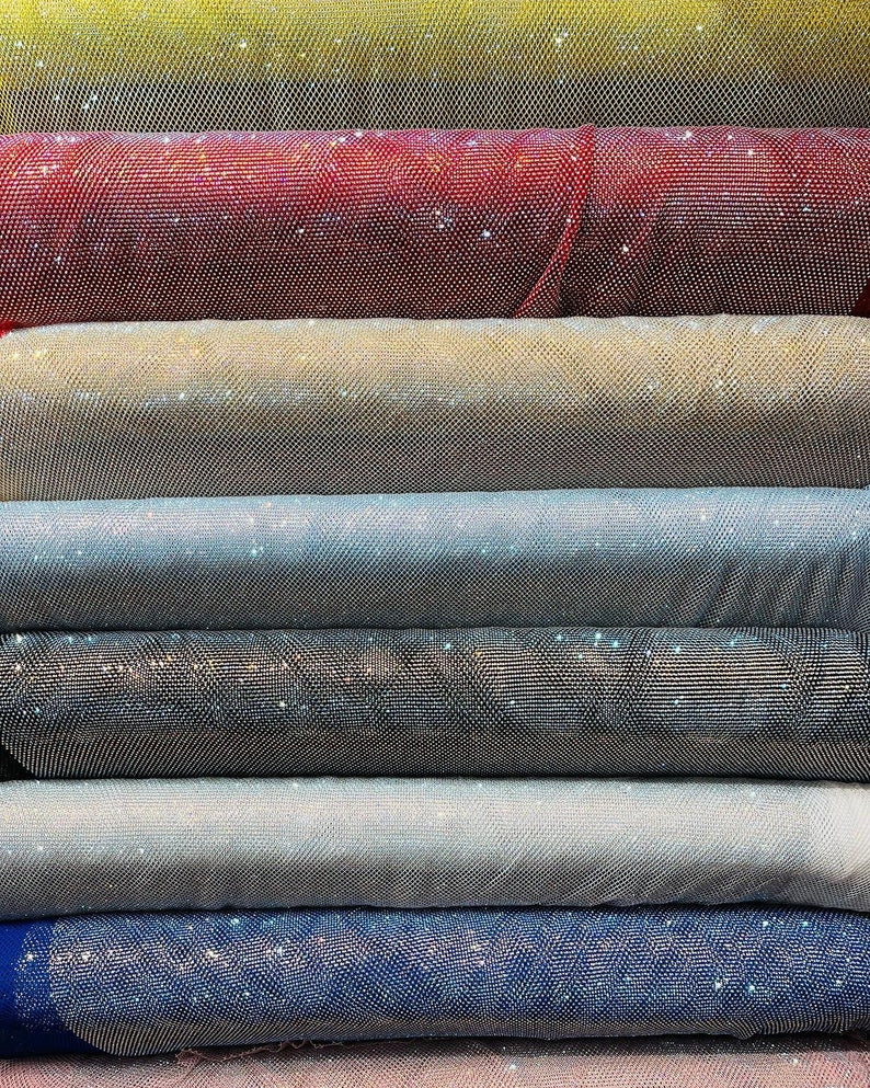 Iridescent Rhinestones Fabric On Yellow Stretch Net Fabric, Fish Net with Crystal Stones by yard