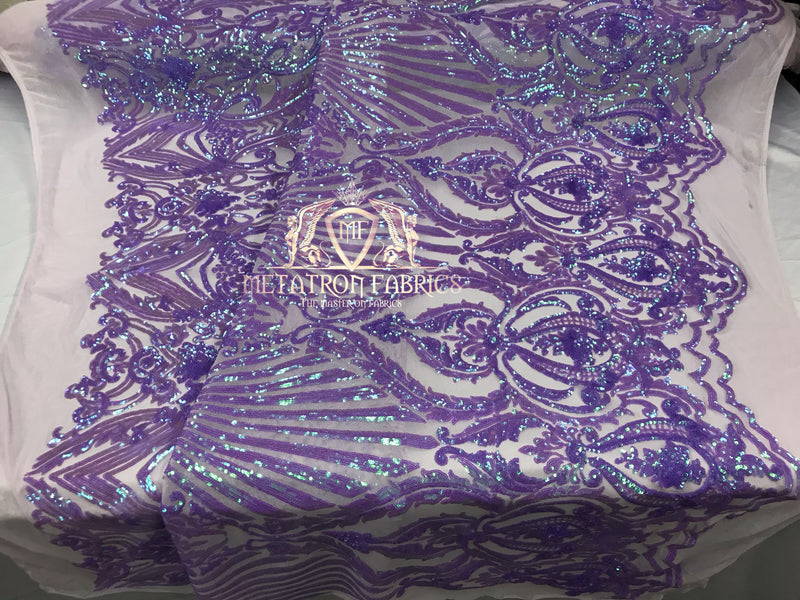 Iridescent Sequins - Lilac - 4 Way Stretch Damask Design Fabric On Stretch Mesh By The Yard