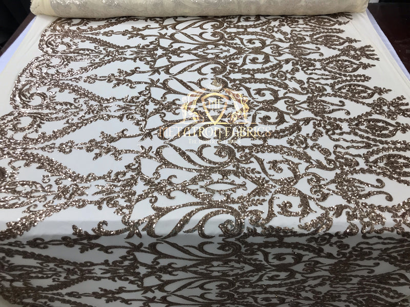 4 Way Stretch - Gold - Sequins Damask Design Fabric Embroidered On Mesh Sold By The Yard
