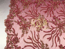 Beaded - Fuschia - Fancy Flower Design Sequins Fabric with Beads Sold By The Yard
