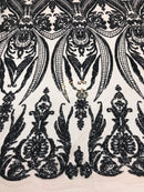 Black - Sequins 4 Way Stretch Fabric Embroidered On Mesh Sold By The Yard