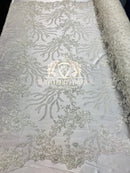 Beaded -Ivory- Fancy Flower Design Sequins Fabric with Beads Sold By The Yard