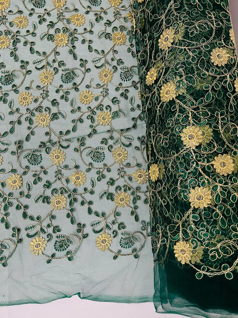 Floral Lace Fabric - Metallic Gold Flowers With Leaves Embroidered Hunter Green Tulle Sold By Yard