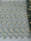 Floral Lace Fabric - Metallic Gold Flowers With Leaves Embroidered Hunter Green Tulle Sold By Yard