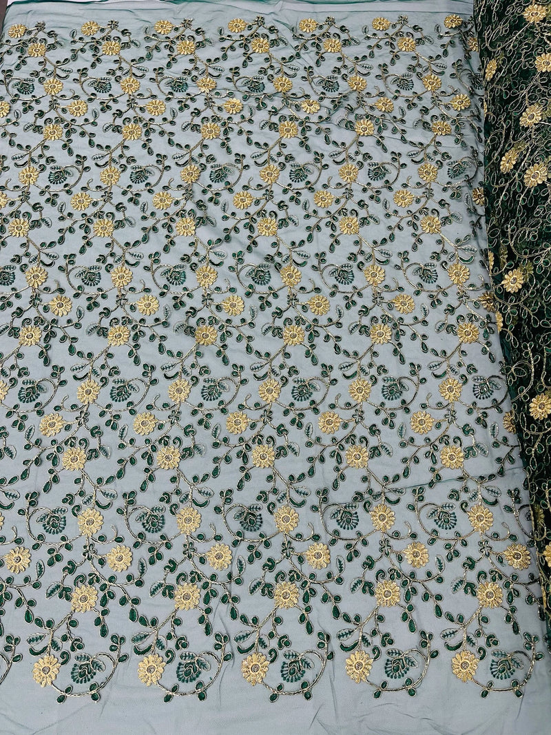 Floral Lace Fabric - Metallic Gold Flowers With Leaves Embroidered Hunter Green Tulle Sold By Yard