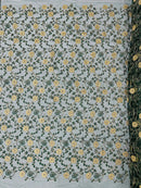 Floral Lace Fabric - Metallic Gold Flowers With Leaves Embroidered Hunter Green Tulle Sold By Yard