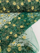 Floral Lace Fabric - Metallic Gold Flowers With Leaves Embroidered Hunter Green Tulle Sold By Yard