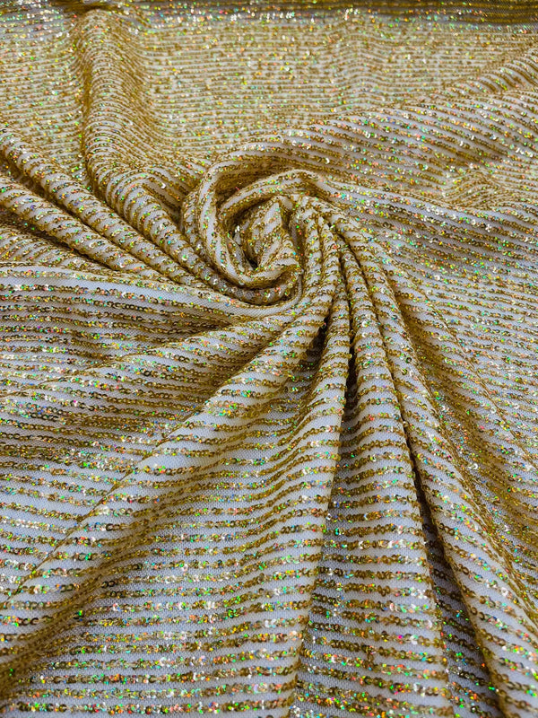 Mille Striped Stretch Sequins - Gold - 4 Way Stretch Spandex Sequins Striped Fabric By The Yard