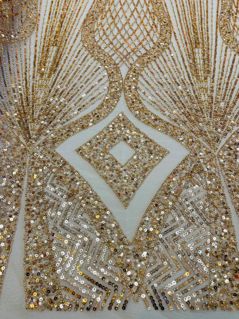 Beaded Diamond Design Fabric - Gold - Beaded Embroidered Diamond Zig Zag Design on Mesh By Yard