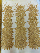 3D Beaded Peacock Feathers - Gold - Vegas Design Embroidered Sequins and Beads On a Mesh Lace Fabric (Choose The Panels)