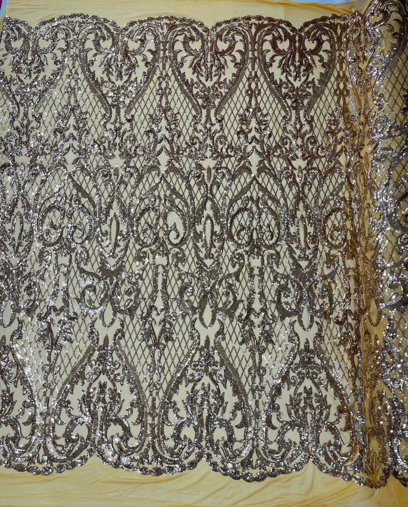 Heart Damask Sequins - Gold - 4 Way Stretch Elegant Shiny Net Sequins Fabric By Yard