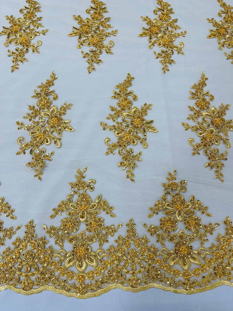 Beaded Shiny Floral Cluster - Gold - Embroidered Luxury Floral Design by Yard