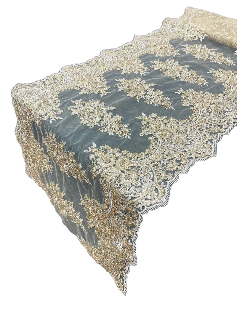 21" Floral Lace Metallic Design Table Runner - Gold - Floral Runner for Event Decor Sold By The Yard