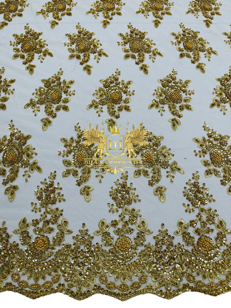 Floral Beaded Fabric - Gold - Embroidered Beaded Flowers Cluster Design on a Mesh Sold By Yard