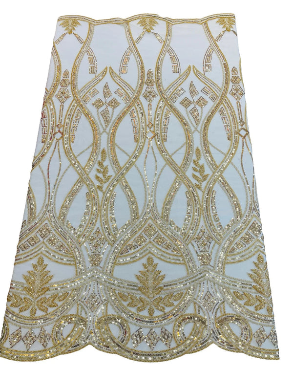 Wavy Design Fabric with Leaves - Gold - Elegant Beaded Design Embroidered on a Mesh Sold By Yard